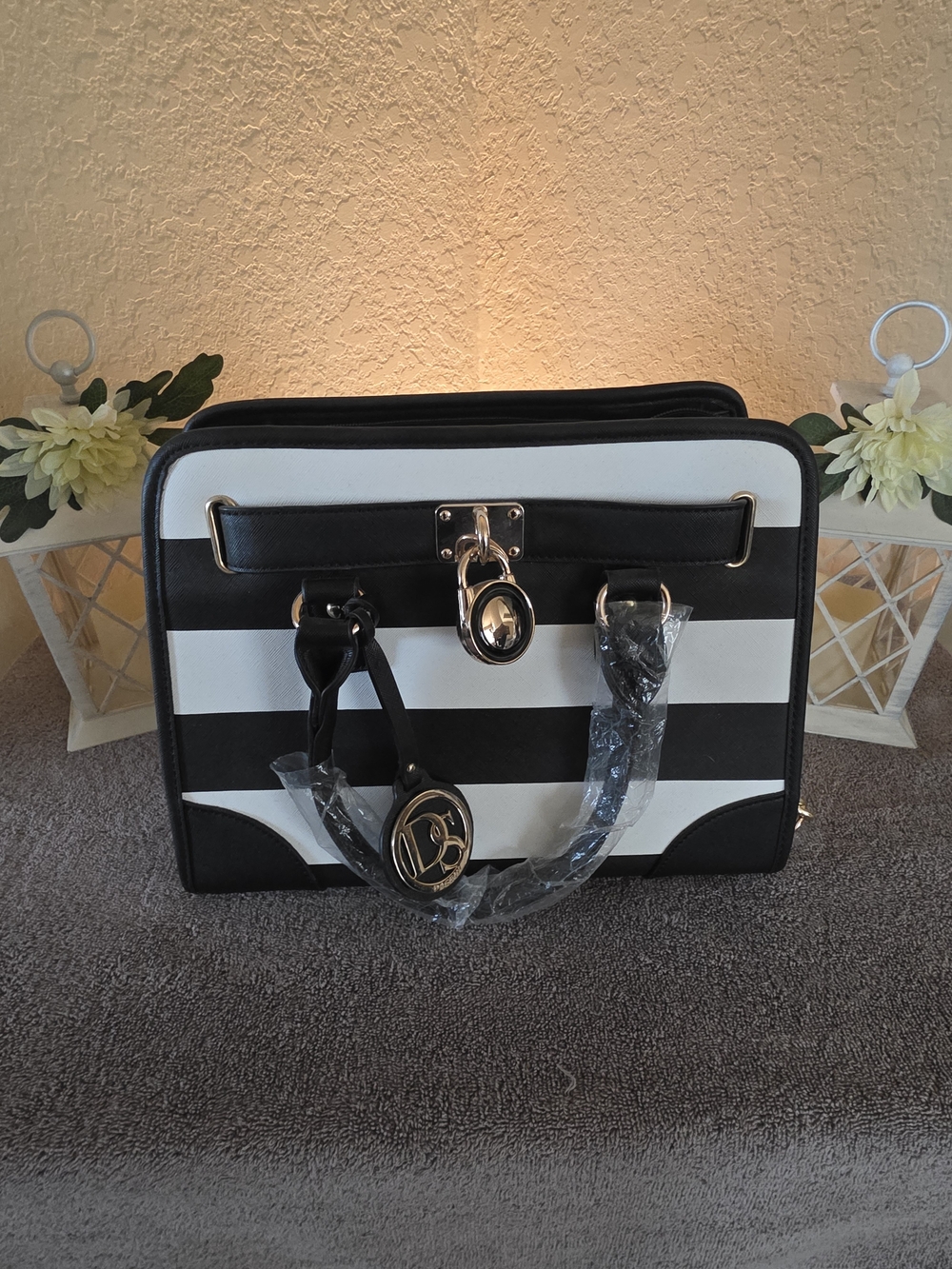 Striped Black and White Structured Satchel with Gold Accent